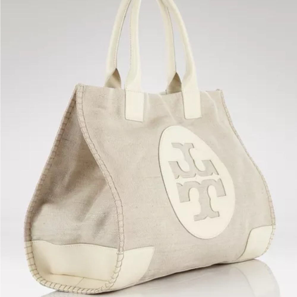 Tory Burch Ella Ivory Canvas Tote Leather Trim - Picture 2 of 11